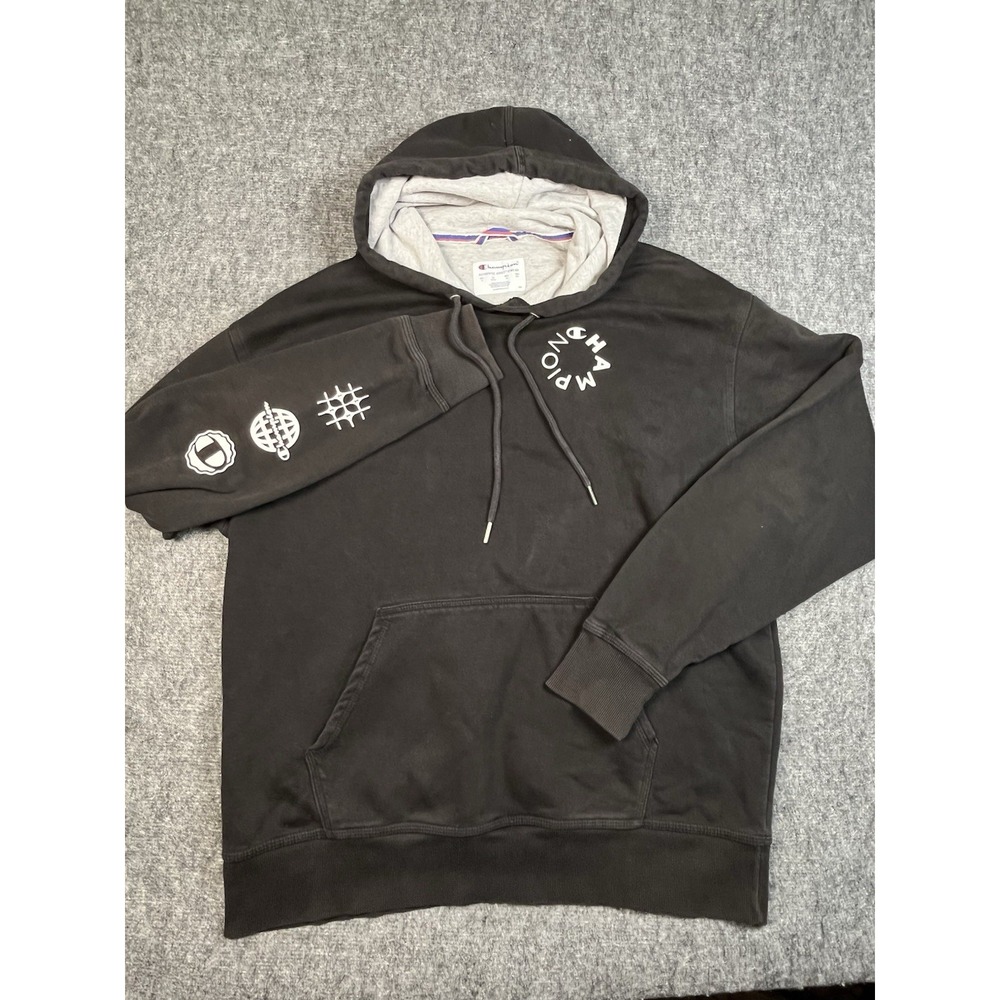 Champion Hoodie Sweatshirt XLDrawstring Black kangaroo pouch Sleeve Graphics Y2k - Picture 3 of 9